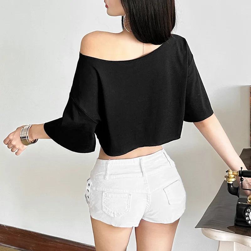 Letter Print Oversized Tees Women Skew Collar Off Shoulders Short Sleeves T-shirt Irregular Hem Hip-hop Style Trend Crop Tops