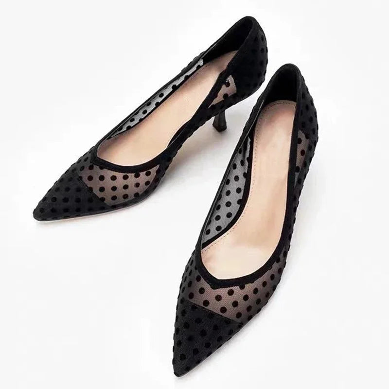 maogu Black Women Pointed Toe High Heel Work Shoes Dot Mesh Vintage Elegant Shallow Stiletto 2023 Spring Summer Thin Heels Pumps