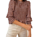 Women Fashionable Casual Round Neck Smocked Bubble 3/4 Sleeve Tops Summer Fall Plaid Print Ruffled T-shirts