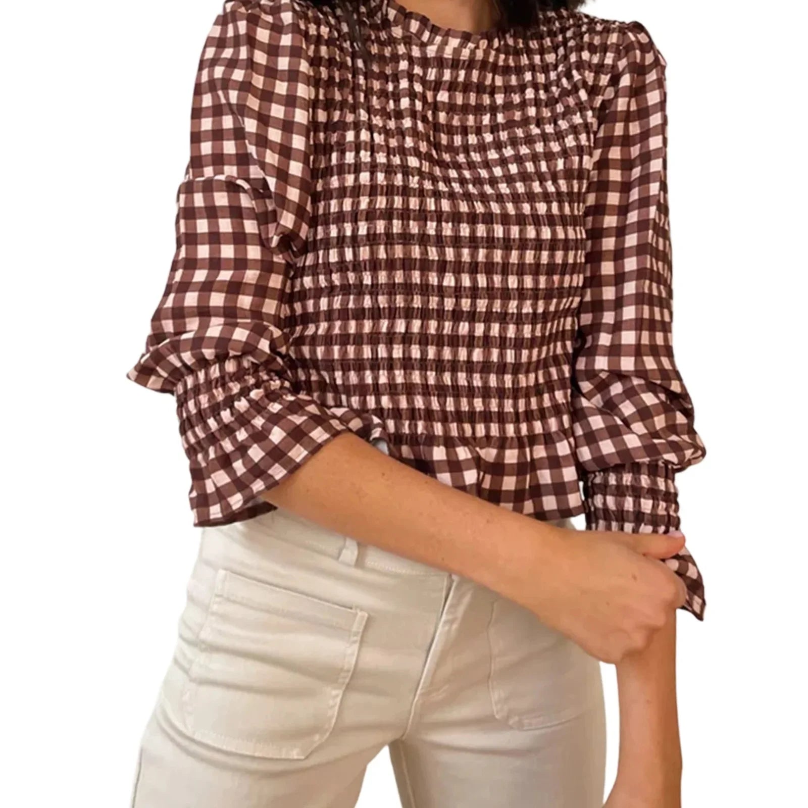 Women Fashionable Casual Round Neck Smocked Bubble 3/4 Sleeve Tops Summer Fall Plaid Print Ruffled T-shirts