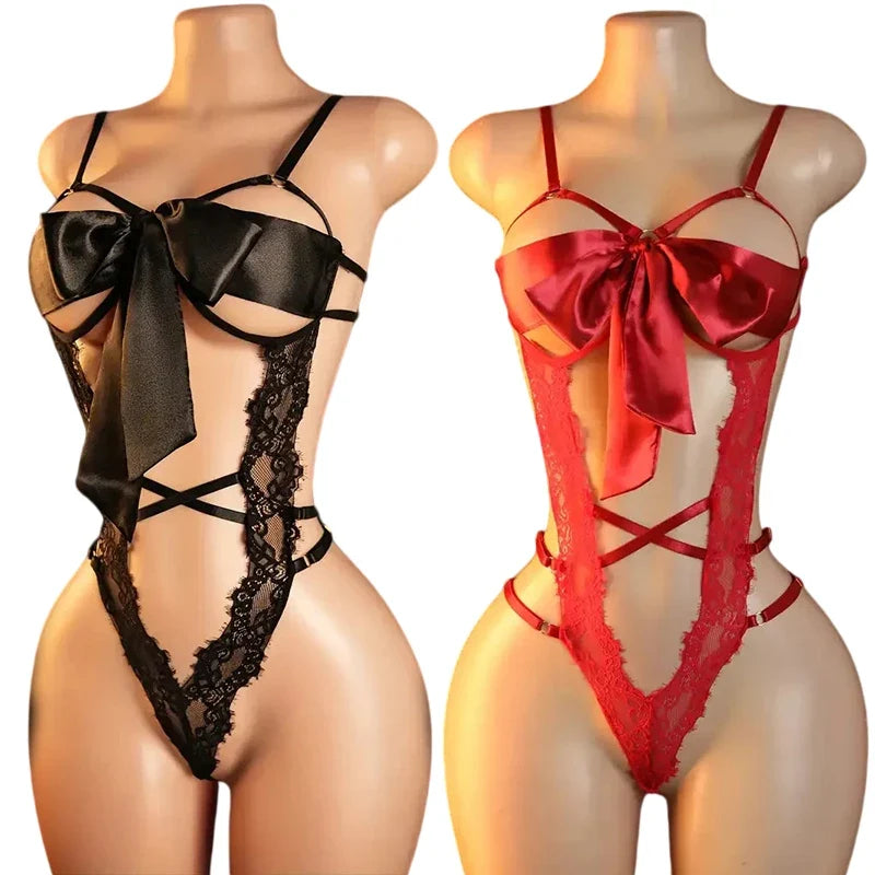 Crotchless Sexy Lingerie For Women Hot Erotic Open Bra Underwear Sexy CostumePerspective Temptation Bodysuit Lace Hollow Bra Set