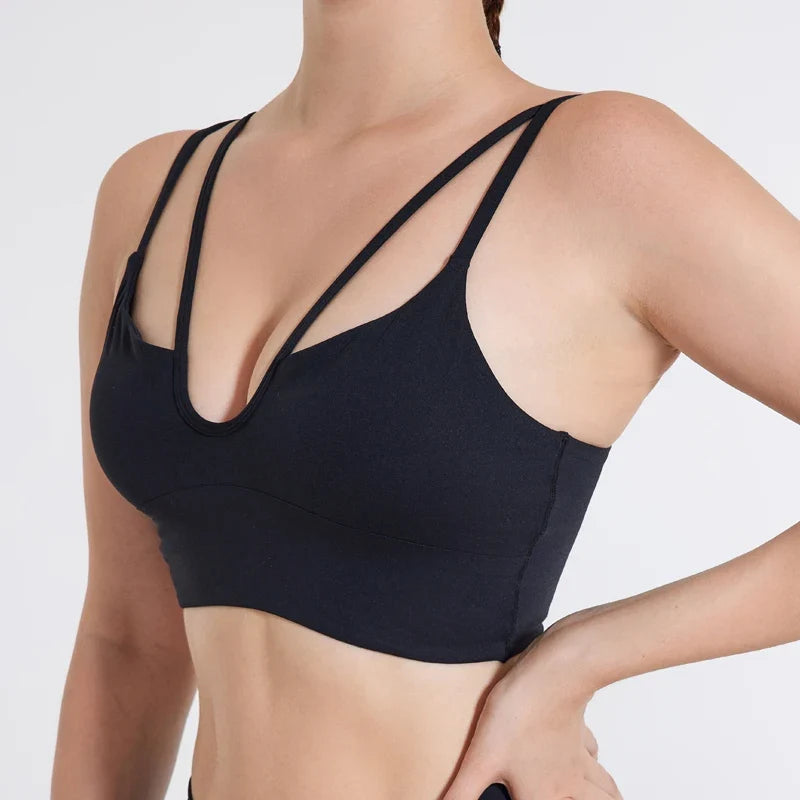 DIAS FIT JOY Women's Double Thin Shoulder Strap Yoga Vest with Chest Mat Sports Underwear V-neck Fitness Bra Yoga Back Beauty