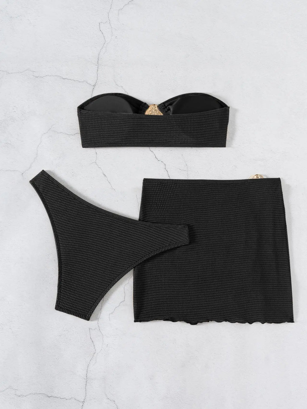 Sexy Bandeau Bikini Women Coffee Metal Water Droplet Ornament Push Up Mesh Skirt 3 Piece Swimsuit Beach Bathing Suit Swimwear