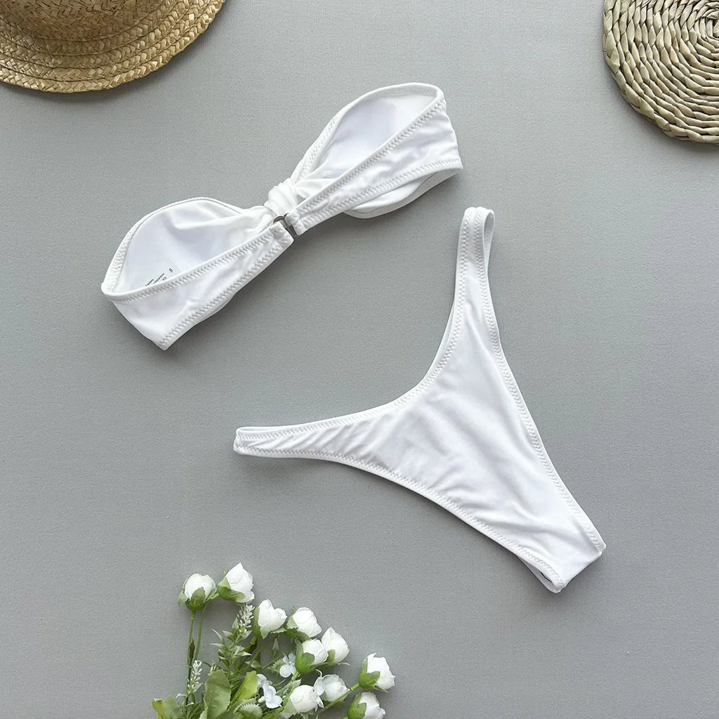 Sexy Front Tie Bow Bikini Set Women Black Bandeau Push Up Bra Micro Swimsuit 2024 Beach Bathing Suit Thong Swimwear Biquini