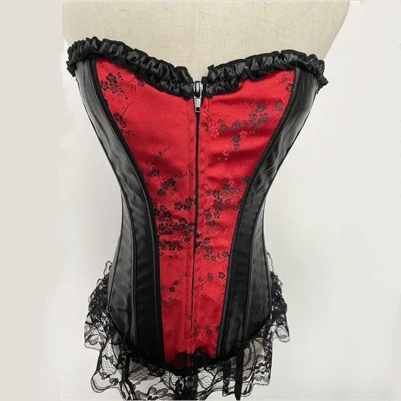 Sexy Lingerie with Garters Sets Women's Lace Hem Overbust Corset Lace Up Zipper Waist Body Shaper Boned Corset Bustier Plus Size