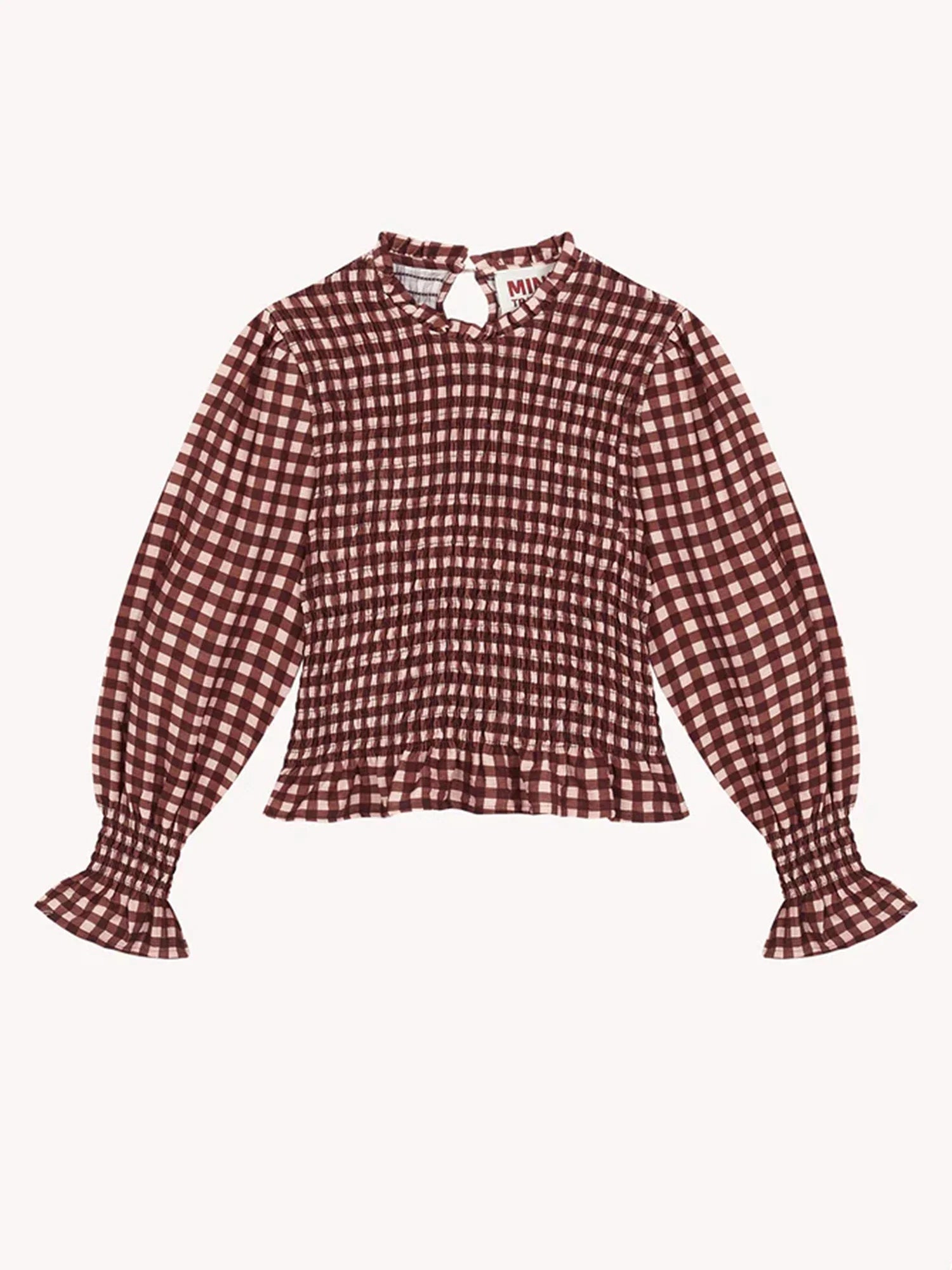 Women Fashionable Casual Round Neck Smocked Bubble 3/4 Sleeve Tops Summer Fall Plaid Print Ruffled T-shirts