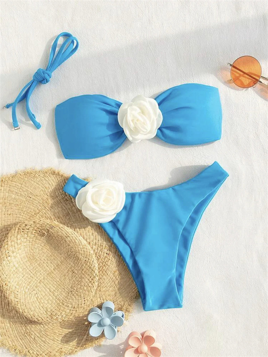 3D Flowers Bandeau Bikini 2024 Women Sexy Green Contrast Push Up Micro Swimsuit Bathers Bathing Suit Thong Swimwear Beachwear