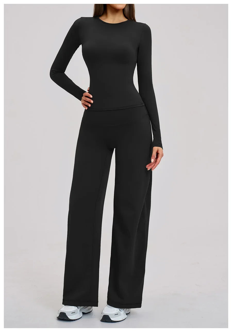 Yoga Set 2 Pieces Women Fitness Sportswear Gym Loose wide-leg pants Long-sleeved T-shirt Sports Crop Tops Tracksuit Workout Wear
