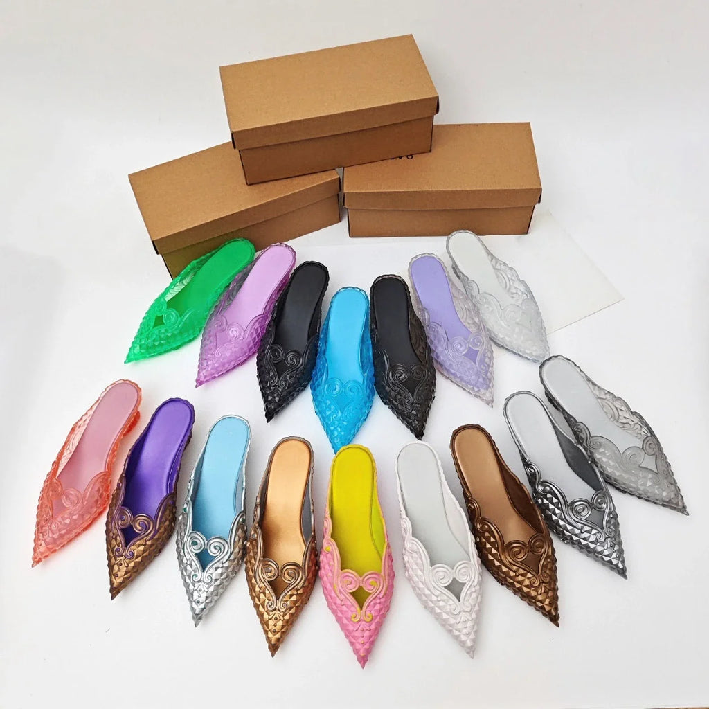 Original Brand Style Women Pointed-toe Crystal High Heel Slippers  Girl Retro Elegance Slippe Ladies Fashion witch Summer Slides
