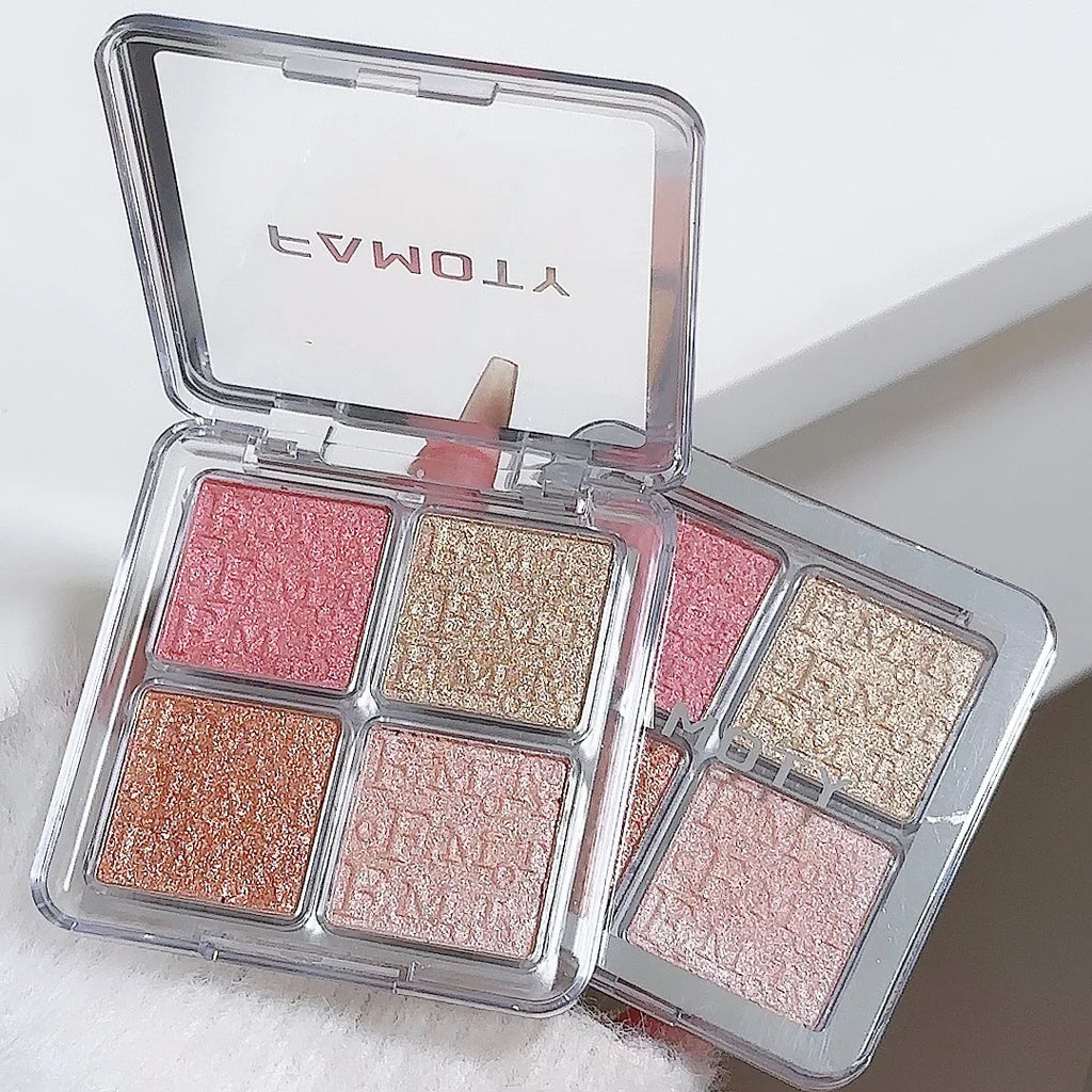 4-Color Face Highlighter Palette, Pearly Glitter Shimmer Smooth Baked Powder, Lasting Sparkling Highlighter Makeup