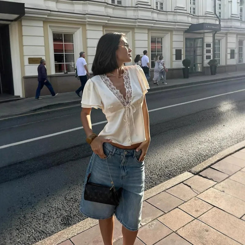 Lace Patchwork Solid Short Sleeve Tops for Women V Neck Lace Splicing Straps Skinny T-shirt Female Elegant Casual Slim Fit Tees