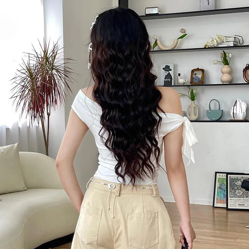 2025 Women'S Summer Ins Style New Shrink Pleated One-Shoulder Crop Top Backless Twist Tie Asymmetric T-Shirt Casual Top