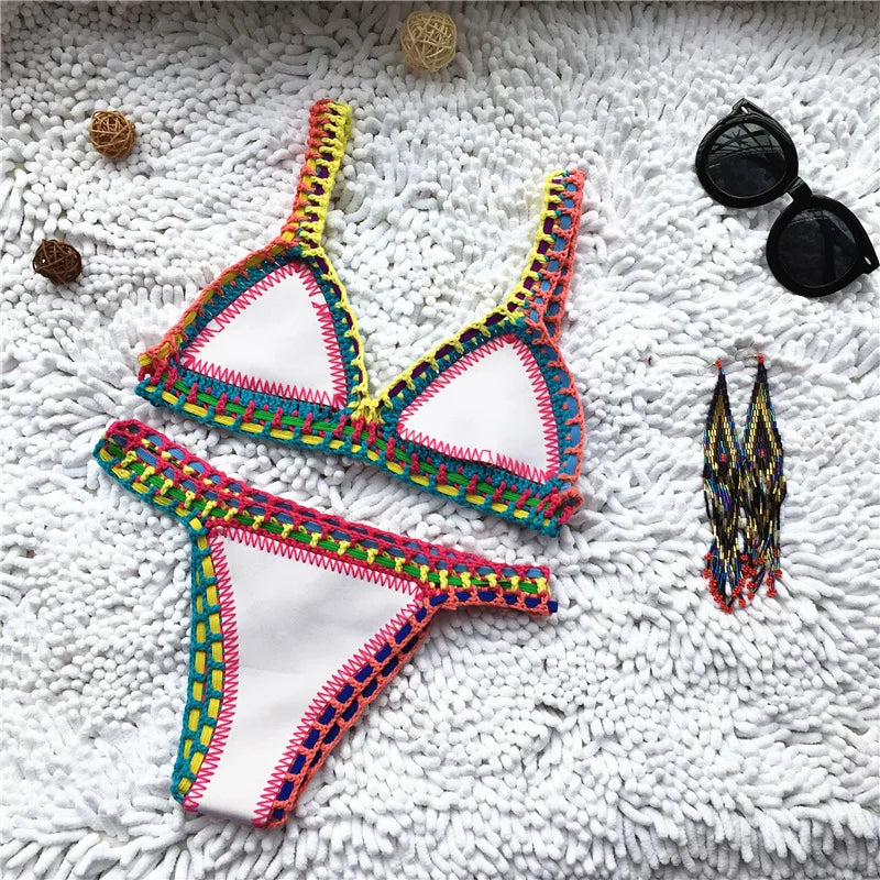 Micro Bikini 2026 Women Handmade Crochet Knit Swimwear Beach Push Up Bra Patchwork Bathing Suit Swimsuit Biquini Thong Bikini