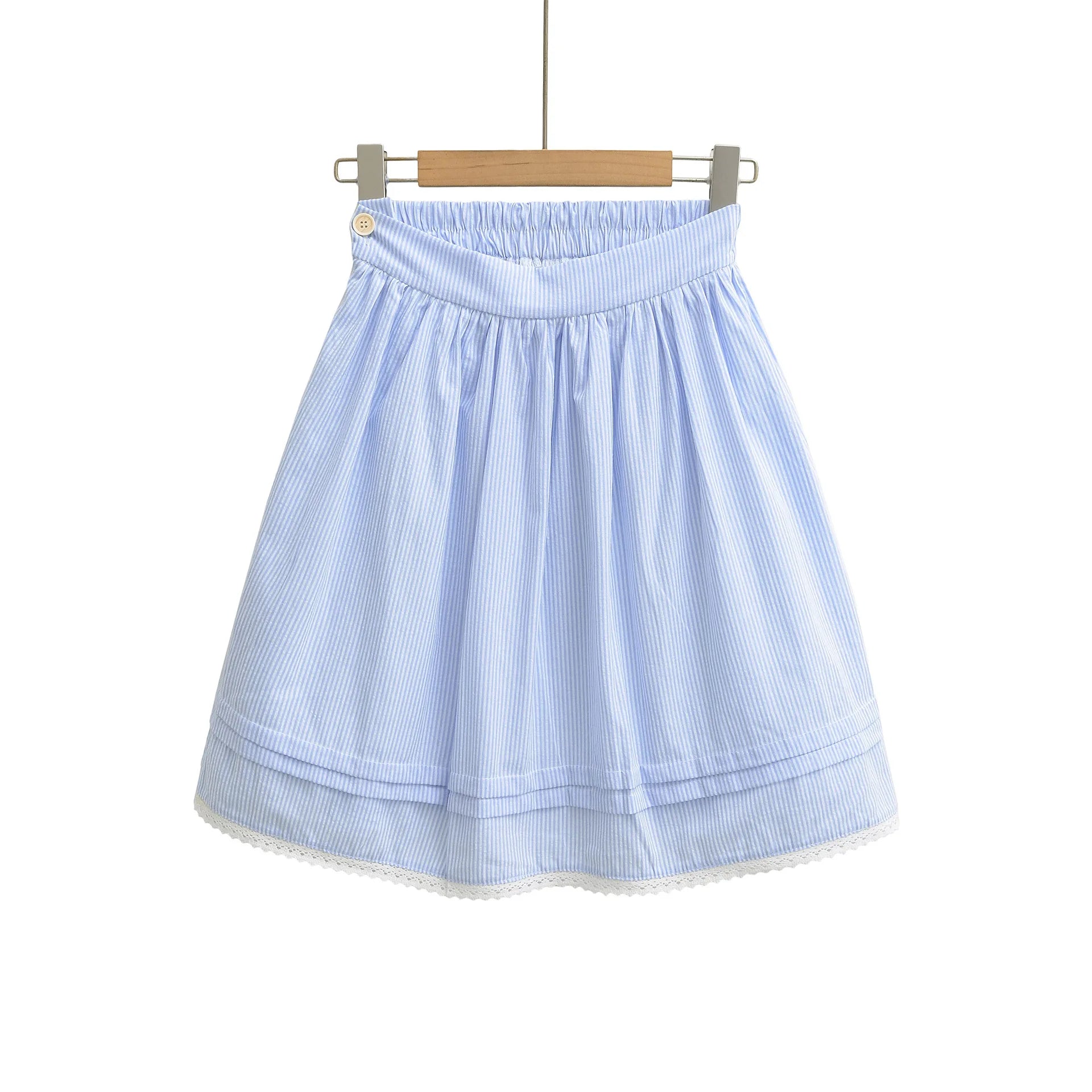 Spring French Style Fresh Slimming Blue Striped Lace Trimmed High Waist A-Line Short Skirt Half Skirt For Woman Casual HMJ9