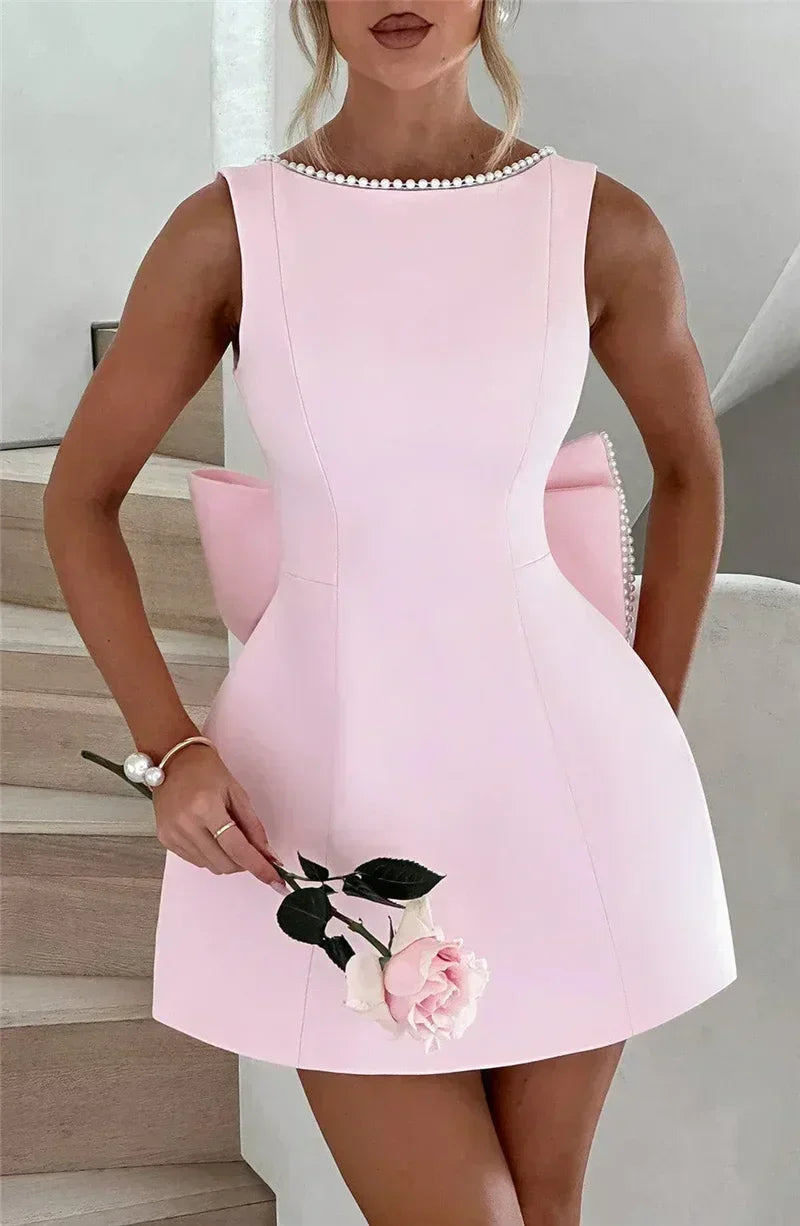 Mozision Pearl Bow Backless Sexy Mini Dress For Women Robe Fashion Zipper Sleeveless High Waist A-line Club Party Dress Elegant