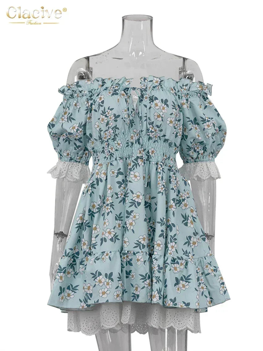Clacive Summer Slim Print Women's Dress Fashion Slash Neck Short Sleeve Mini Dresses Elegant High Waist Patchwork Female Dress