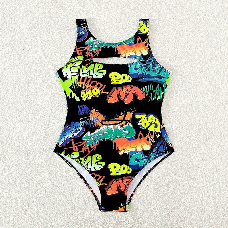 Vintage Yellow Abstract Print One Piece Swimsuit 2024 Women Hollow Out Holiday Bathing Suit Tummy Control Swimwear Beachwear