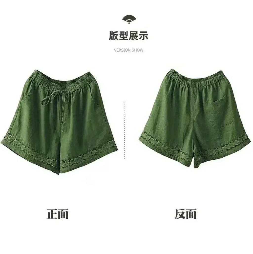 Cotton Linen Vintage High-Waist Elastic New Style Tie-Belt Embroidered Hollow Casual Straight Shorts