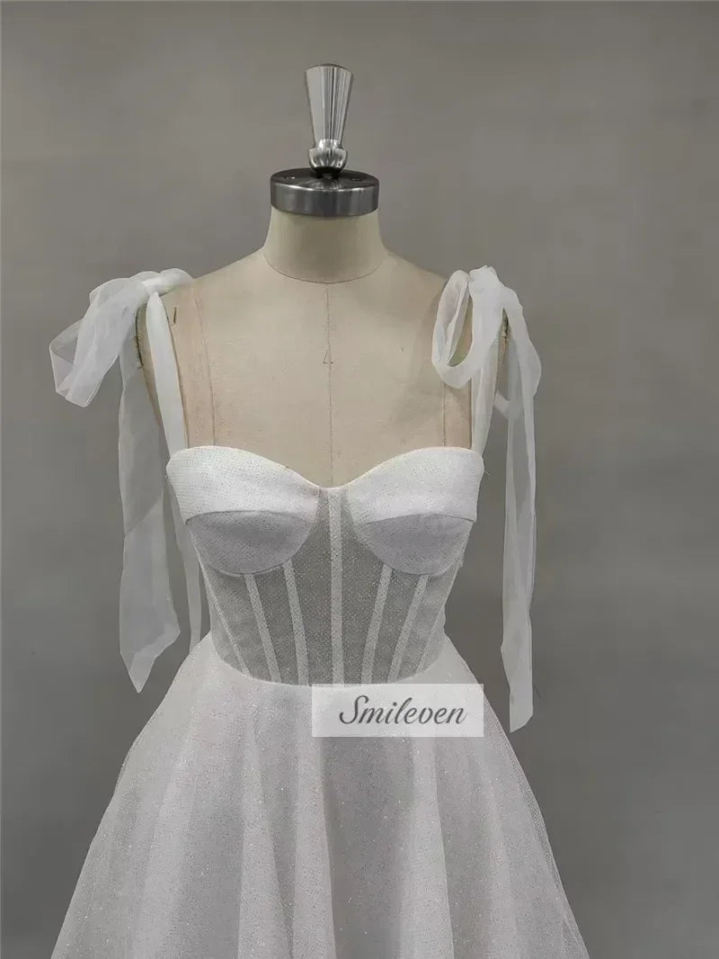 Smileven Short Wedding Dress A Line Sweetheart Neck Shiny Glitter Bride Dresses Mini Bows Strap Vestido de novia 2024 Customized