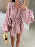 Elegant Fold Dress Women Brown Deep V-neck Long Sleeve Mini Dresses Female 2025 Spring Summer Fashion Loose Lady Vestidos