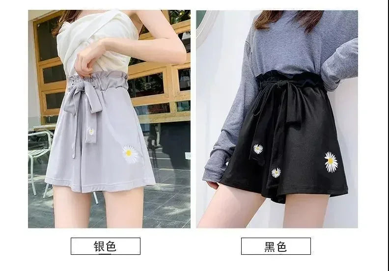 Summer Lightweight Black Casual Sports Pants Women Student Loose High-Waist Wide-Leg Shorts
