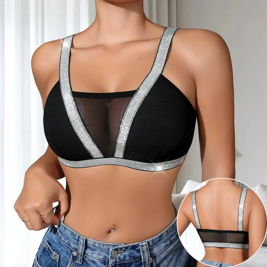 1pcs Fashion New Style Bras Silver Satin Women's Underwear Wire-Free Padless Bras Elegant Lady Bra Comfortable Sexy Lingerie