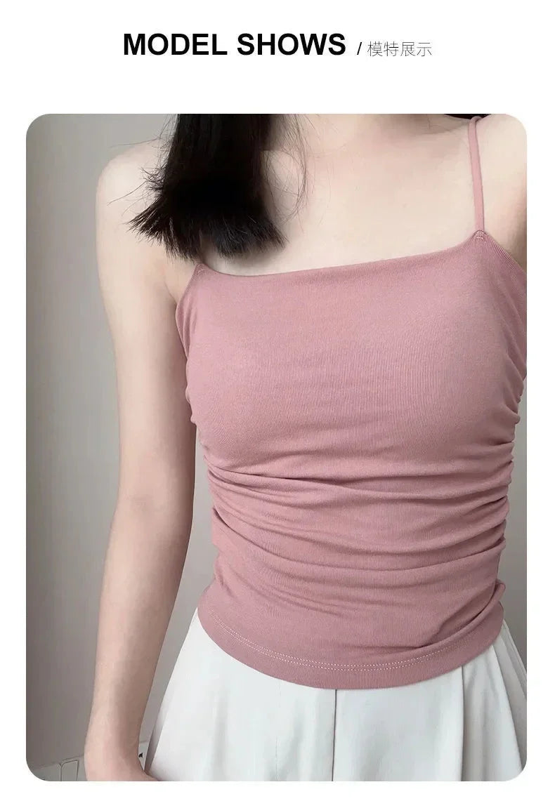 Summer Simple Women's Cotton Sling Camisole Crop Top Sleeveless Shirt Lady Bra Tank Tops Straps Skinny Girls Camisole Base Best