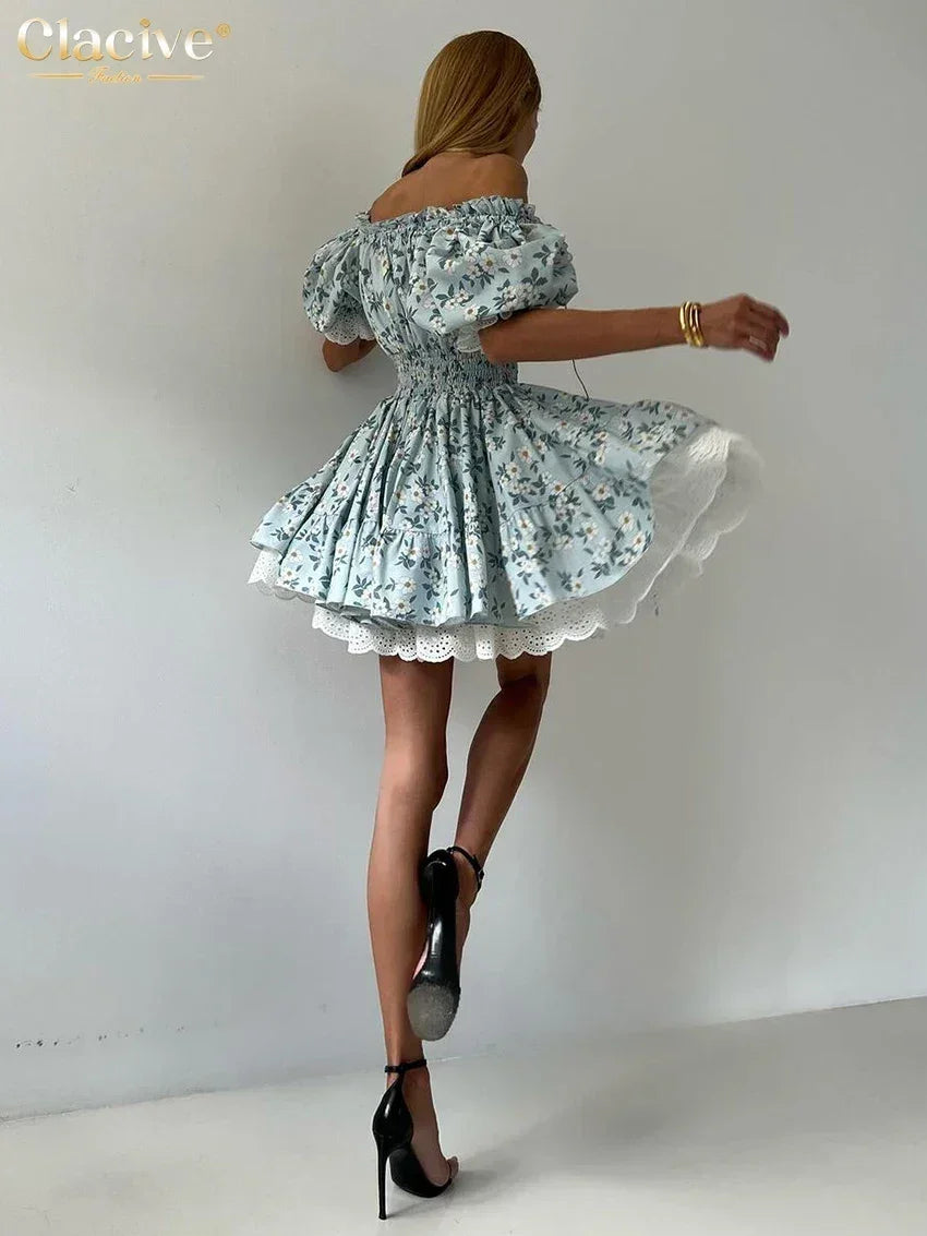 Clacive Summer Slim Print Women's Dress Fashion Slash Neck Short Sleeve Mini Dresses Elegant High Waist Patchwork Female Dress