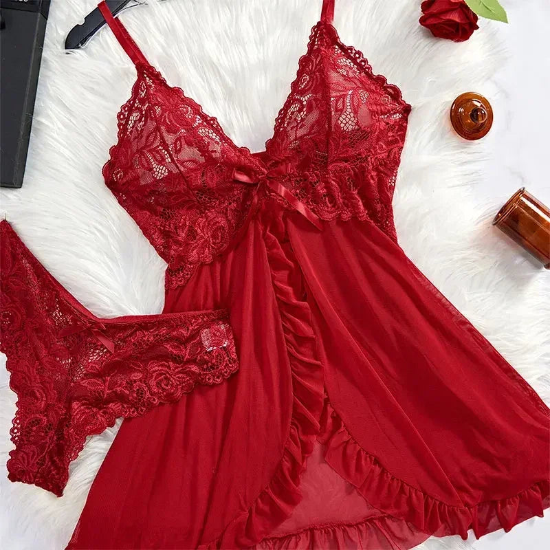 2 Pcs Set Sexy Lingerie Set Women Deep V Slip Dress Thong Erotic Bra Panty Sets Lace Nightdress Transparent Soft Nightgown