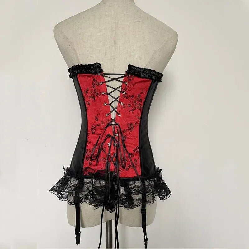Sexy Lingerie with Garters Sets Women's Lace Hem Overbust Corset Lace Up Zipper Waist Body Shaper Boned Corset Bustier Plus Size