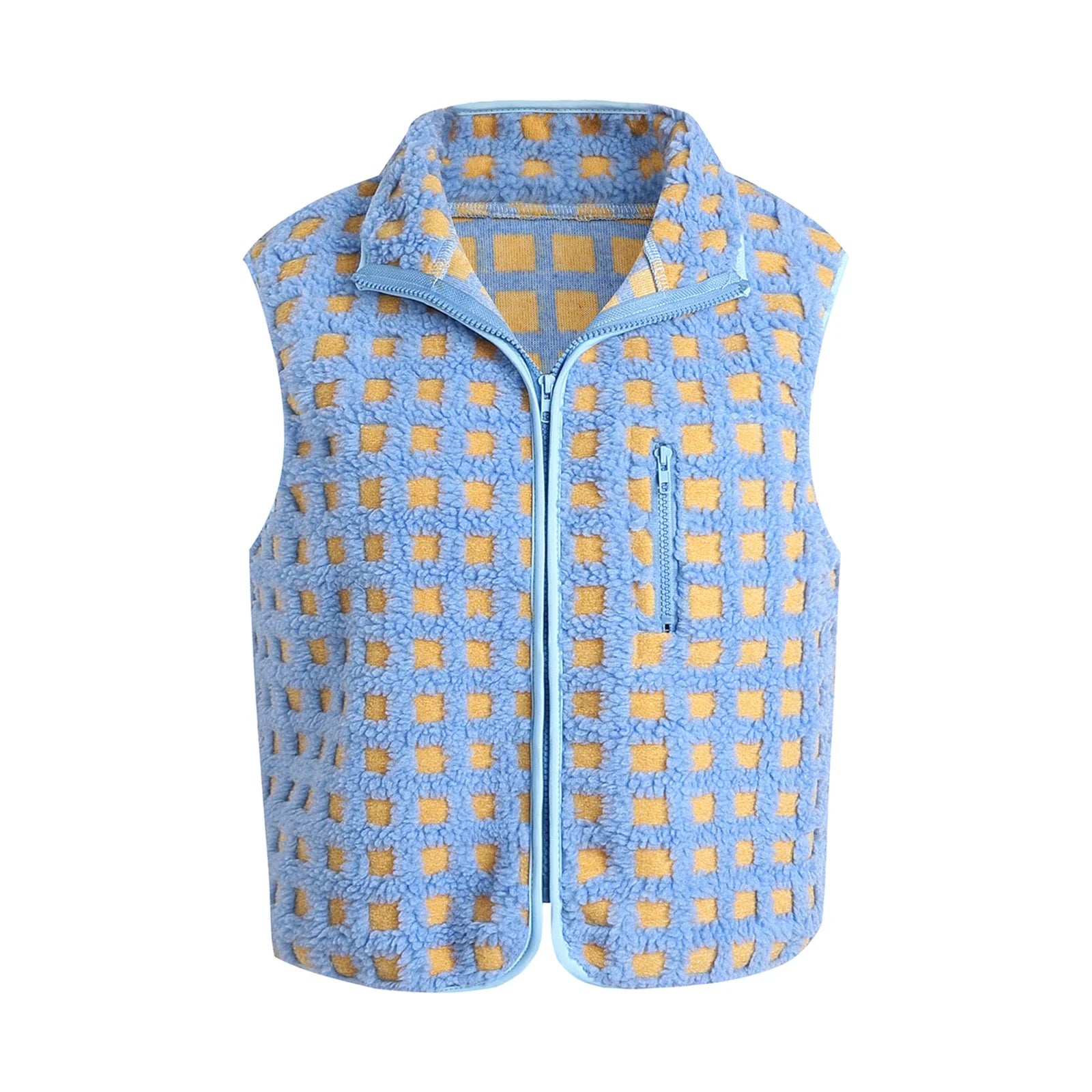 Women’s Fuzzy Checkered Vest Sleeveless Stand Collar Zip Up Vest Jacket Loose Spring Fall Warm Outwear