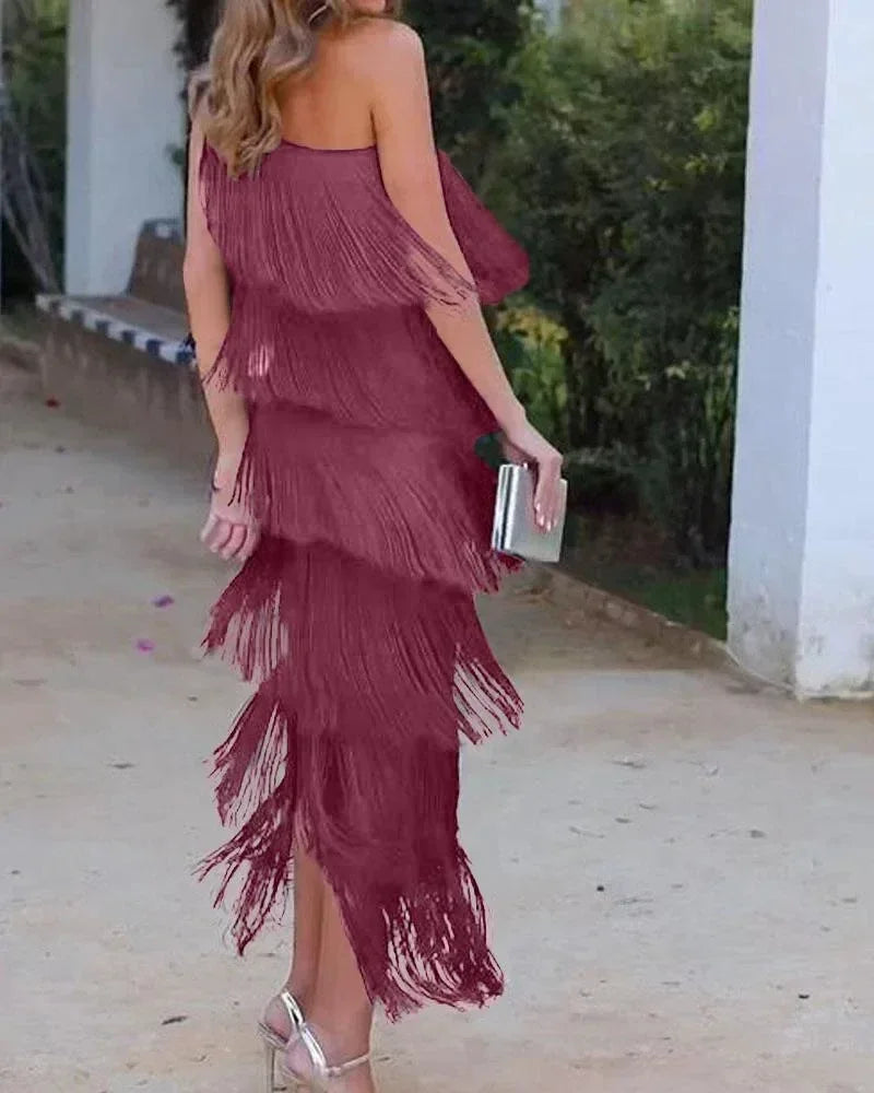 Spring and Summer New Fashion Fringed Slanted Shoulder Asymmetrical Dress for Women
