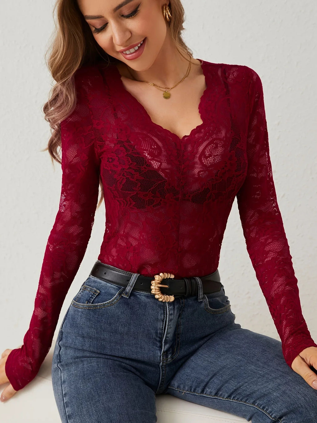 Women Sexy Base Layer Shirt Solid Black Sheer Lace Top Slim Flower Scallop Trim V Neck Long Sleeve T-shirt Trendy Tight Lace Top