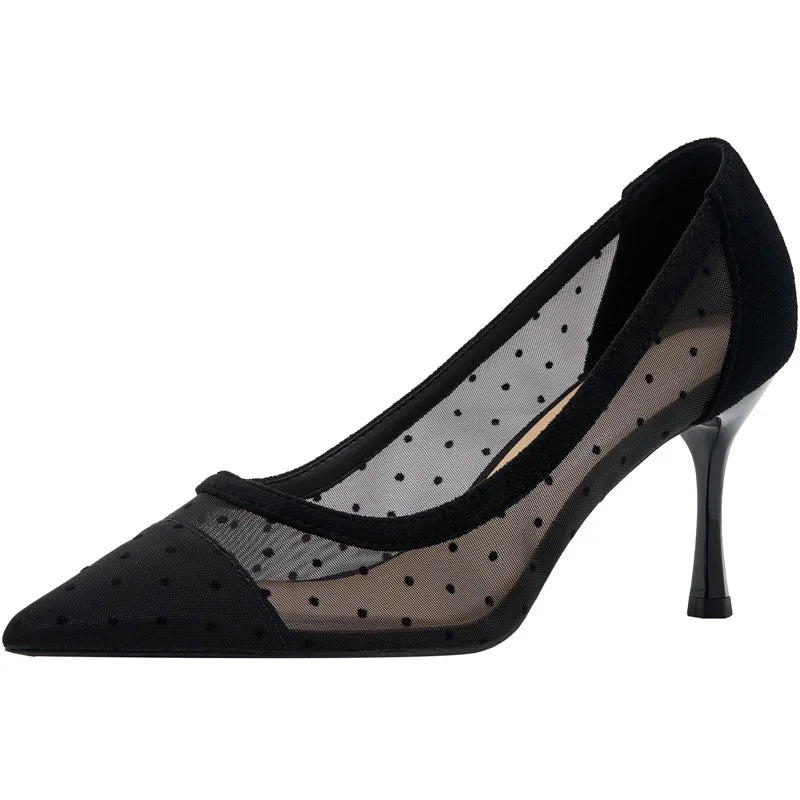 maogu Black Women Pointed Toe High Heel Work Shoes Dot Mesh Vintage Elegant Shallow Stiletto 2023 Spring Summer Thin Heels Pumps