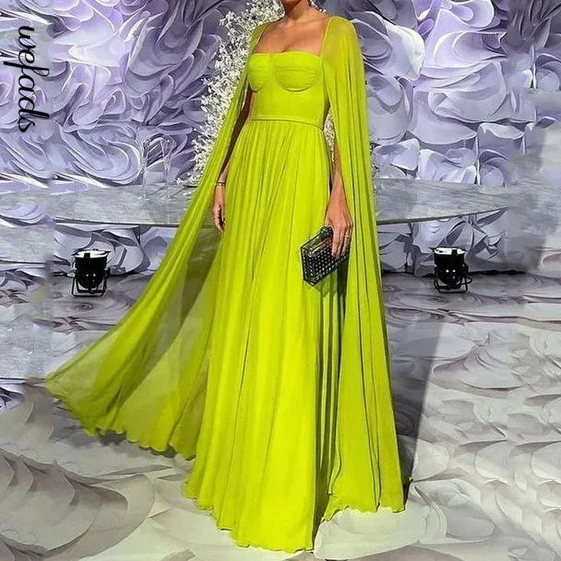 Wefads Maxi Dress Women Elegant Fashion Solid Cape Long Sleeve Square Neck Nipped Waist Backless Evening Party Dress Streetwear