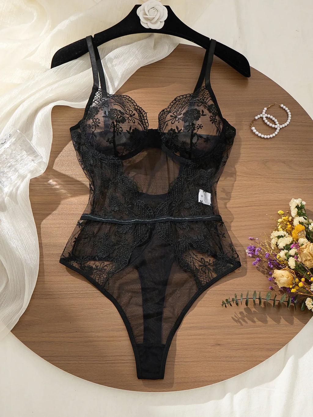 Black Lace Bodysuit with Floral Embroidery Sexy High-Waist Triangle Panties Strap Design Shapely Cutout to Highlight Women's Cur