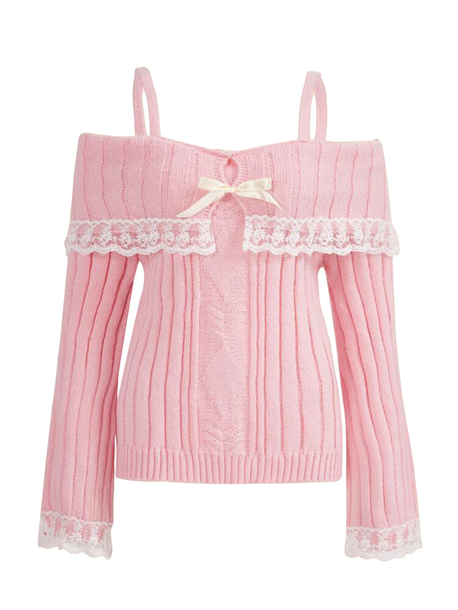 Women Long Sleeve Contrast Lace Knit Pullovers Autumn Winter Cold Shoulder Sweaters Bow Front Jumper Tops Beige/Pink
