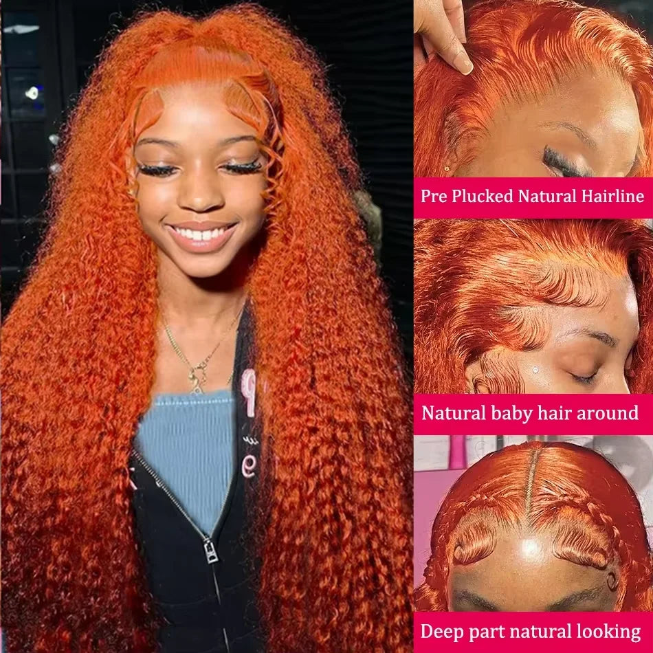 38 inch Brazilian Deep Wave Ginger Orange 13x6 HD Lace Front Human Hair Wig Curly 13x4 Lace Frontal Wig 5x5 Glueless Closure Wig