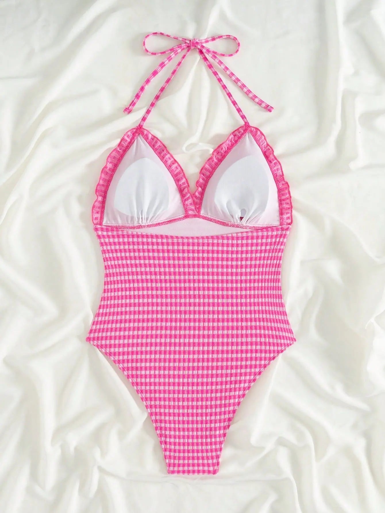 Vintage Hot Pink Plaid One Piece Swimsuit 2026 Women Halter Lace Trim V Neck Tummy Control Swimwear Beach Bathing Suit Monokini