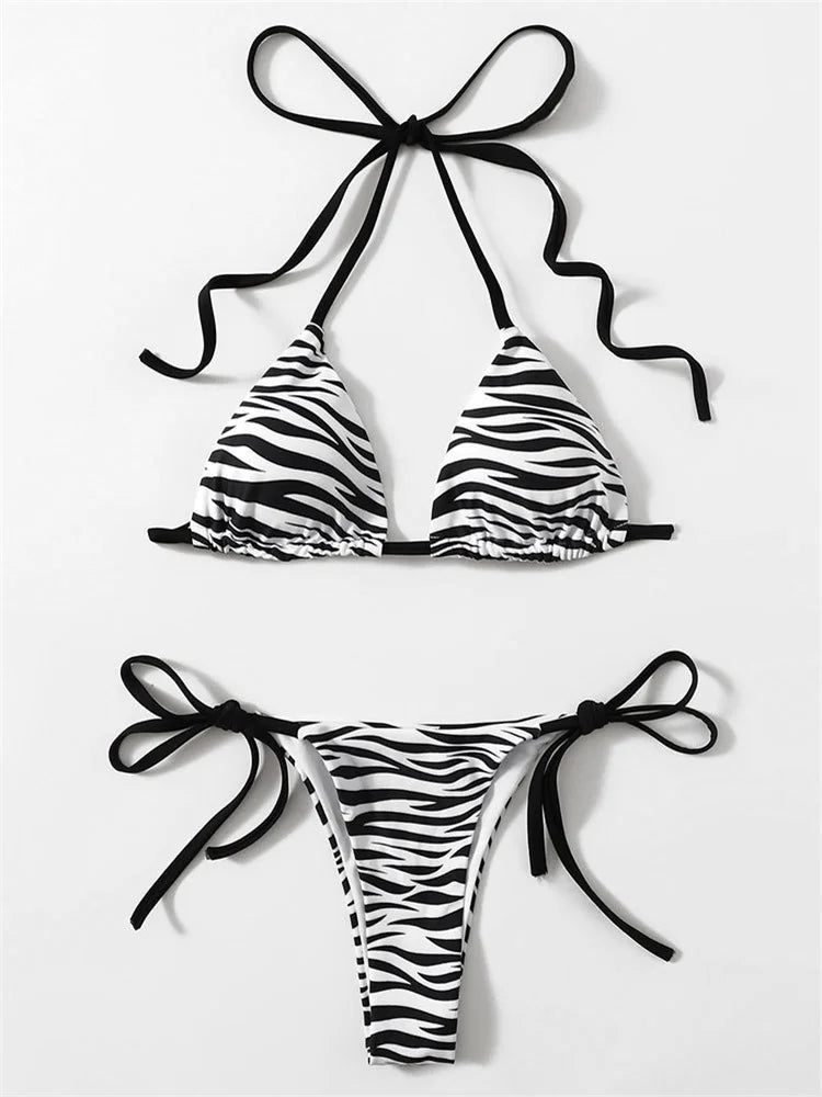 Sexy Zebra Striped Bikini Women Halter Push Up Triangle Swimsuit Brazilian Summer Bathing Suit Micro Swimwear 2025 Swimming Suit