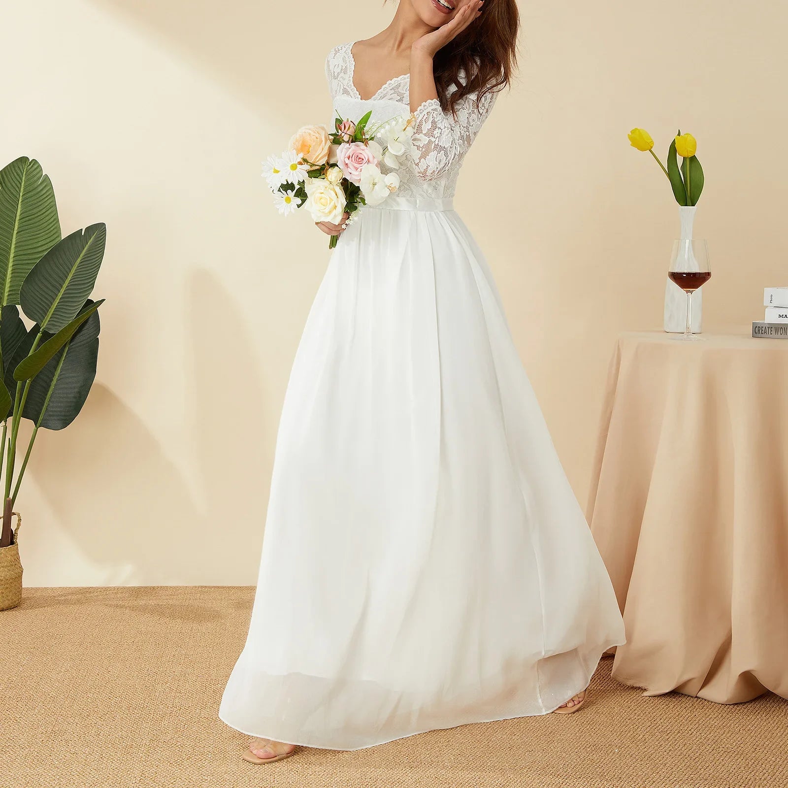 Elegant Lace Chiffon A-Line Long Dresses Women Wedding Dress Bridesmaid Dresses V-neck Mid-Sleeve Backless Zipper Female Dress