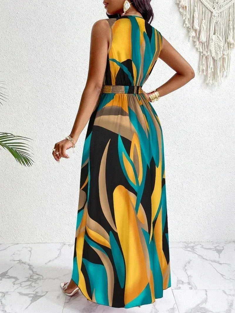 Women's sleeveless V-neck floor-length dress with abstract prints - fashionable for beach and casual occasions