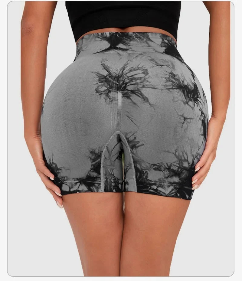 Seamless Tie Dye Style High Waist Quick Dried Fitness Triple Pants Honey Peach Hip Lift Yoga Sports Tight Shorts