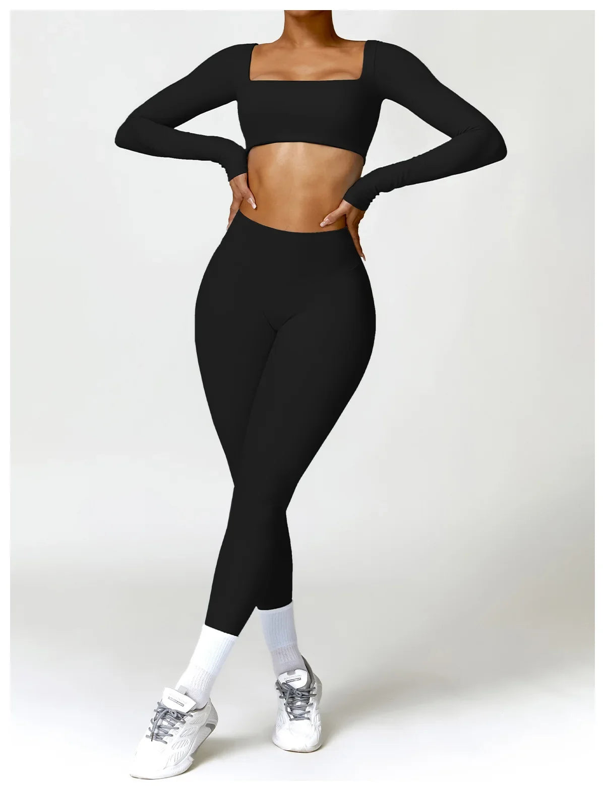 Hearuisavy Summer Casual Quick Dry Sportswear Women Square Neck Gym Top Women Fitness Sports Crop Top Long Sleeve Yoga Clothing