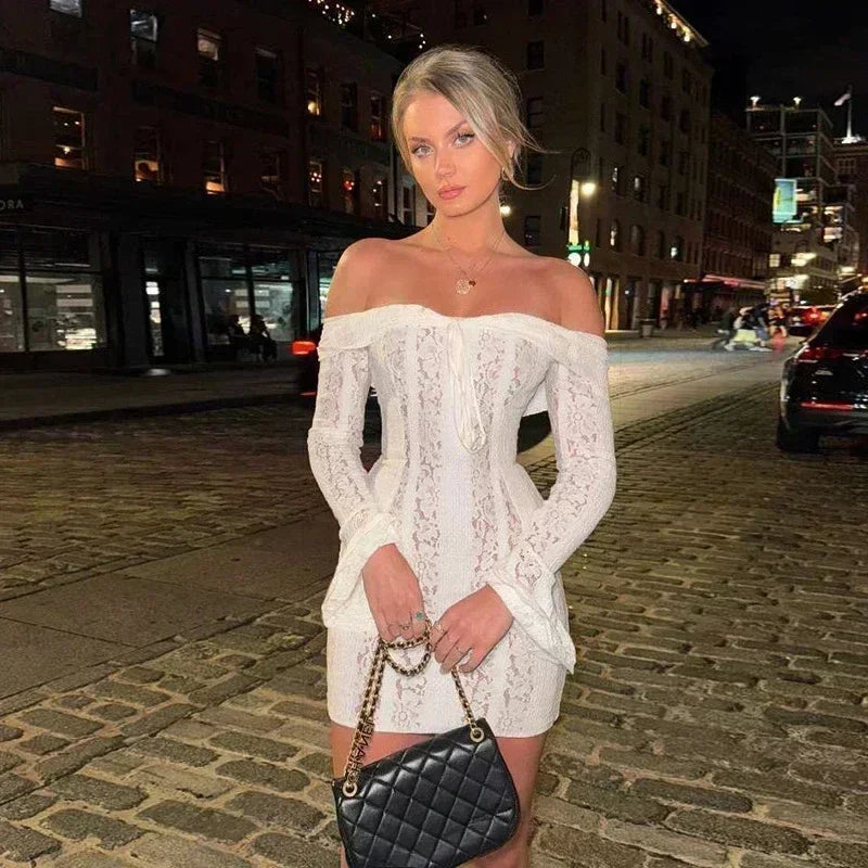 Oligai Lace Slim Mini Dress for Women Off The Shoulder Sexy Long Sleeves Club Party Dresses Bodycon Elegant Autumn Dress