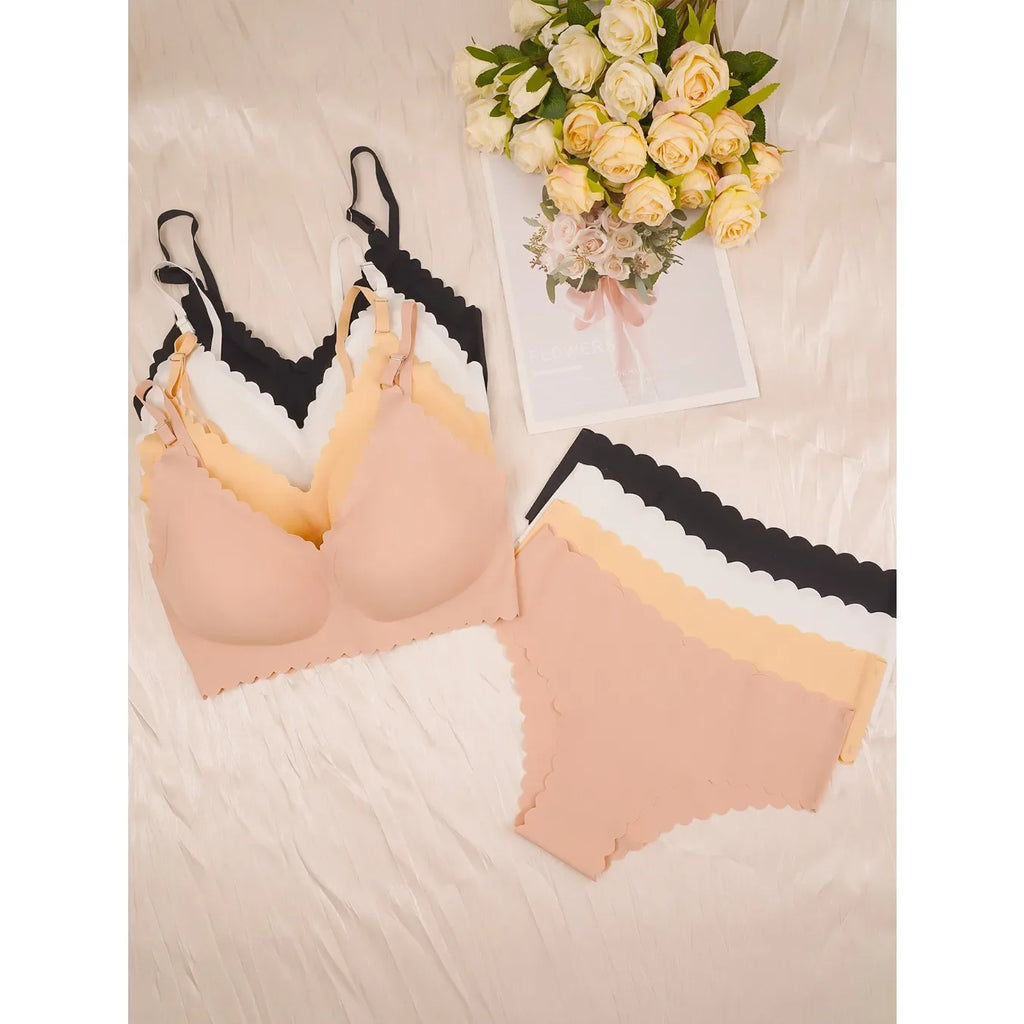 4pcs Women's Seamless Bra and Panty Set No Underwire Bralette - Removable Pads, Medium Support & Comfortable Stretch Fabric Bra