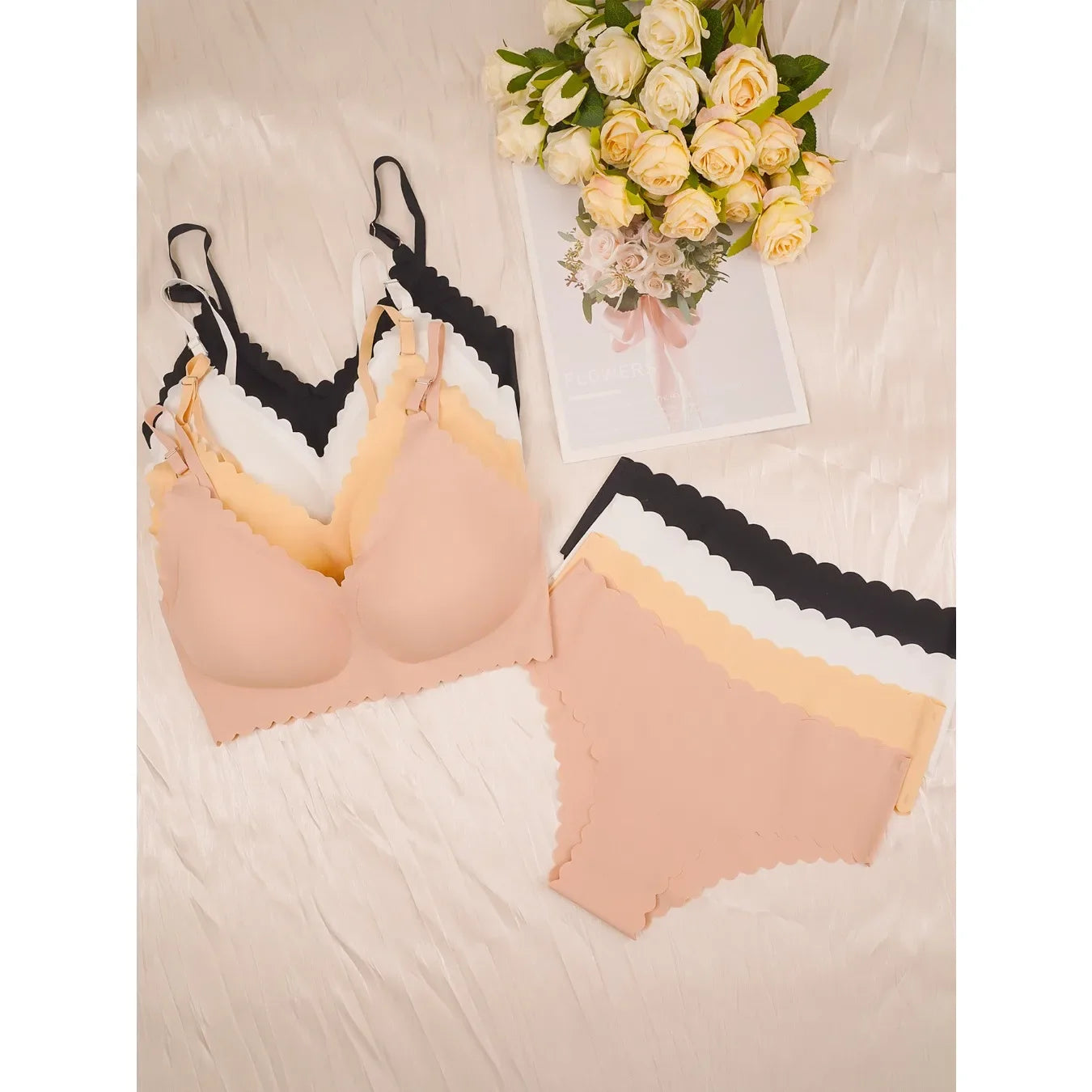 4pcs Women's Seamless Bra and Panty Set No Underwire Bralette - Removable Pads, Medium Support & Comfortable Stretch Fabric Bra