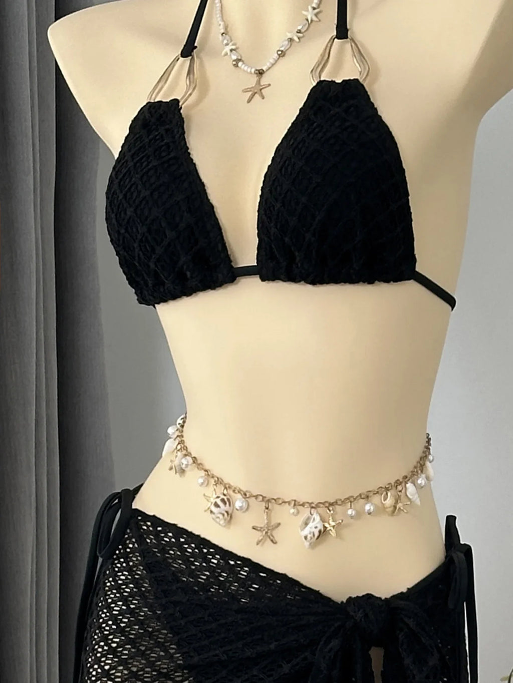 Vintage Beige Black Mesh Skirt 3 Piece Bikini Set 2026 Women Metal Chain Strap Push Up Bra Swimsuit Beach Bathing Suit Swimwear