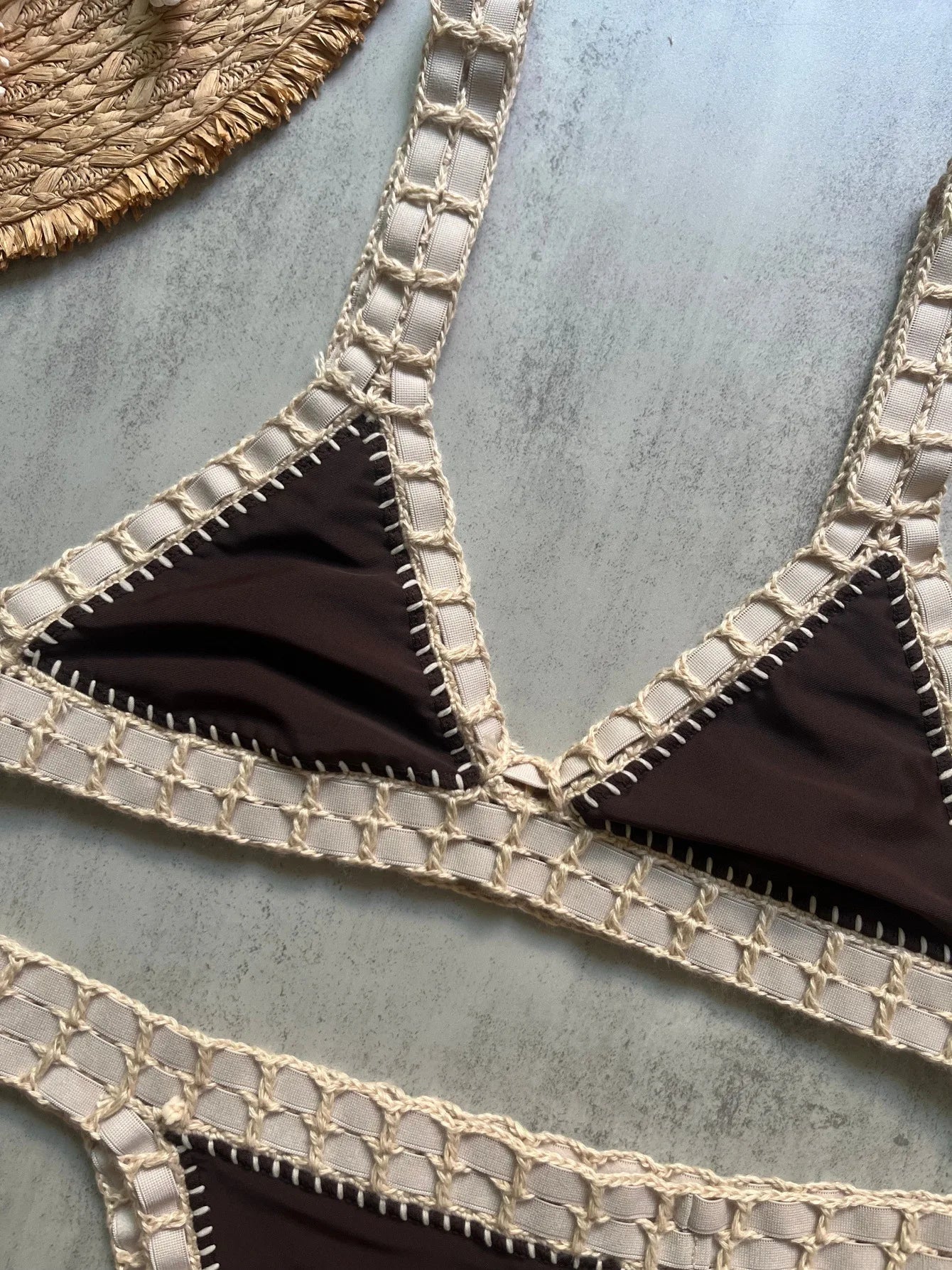 Sexy Black Patchwork Hand Crochet Bikini Set Women 2026 V Neck Push Up Bra Thong Swimsuit Beach Bathing Suit Knitted Swimwear