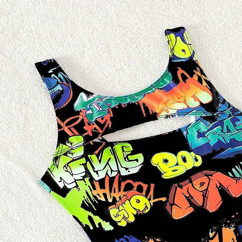 Vintage Yellow Abstract Print One Piece Swimsuit 2024 Women Hollow Out Holiday Bathing Suit Tummy Control Swimwear Beachwear